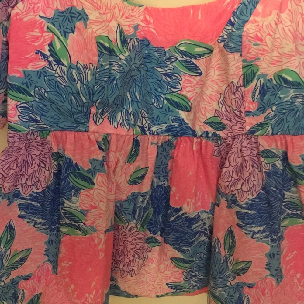 Lilly Pulitzer Pink & Blue Floral Puff-Sleeve Peplum Top